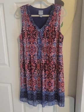 Rabbit Rabbit Rabbit Sz12 Navy Coral Sleeveless VNeck Boho Lined Dress Front Tie